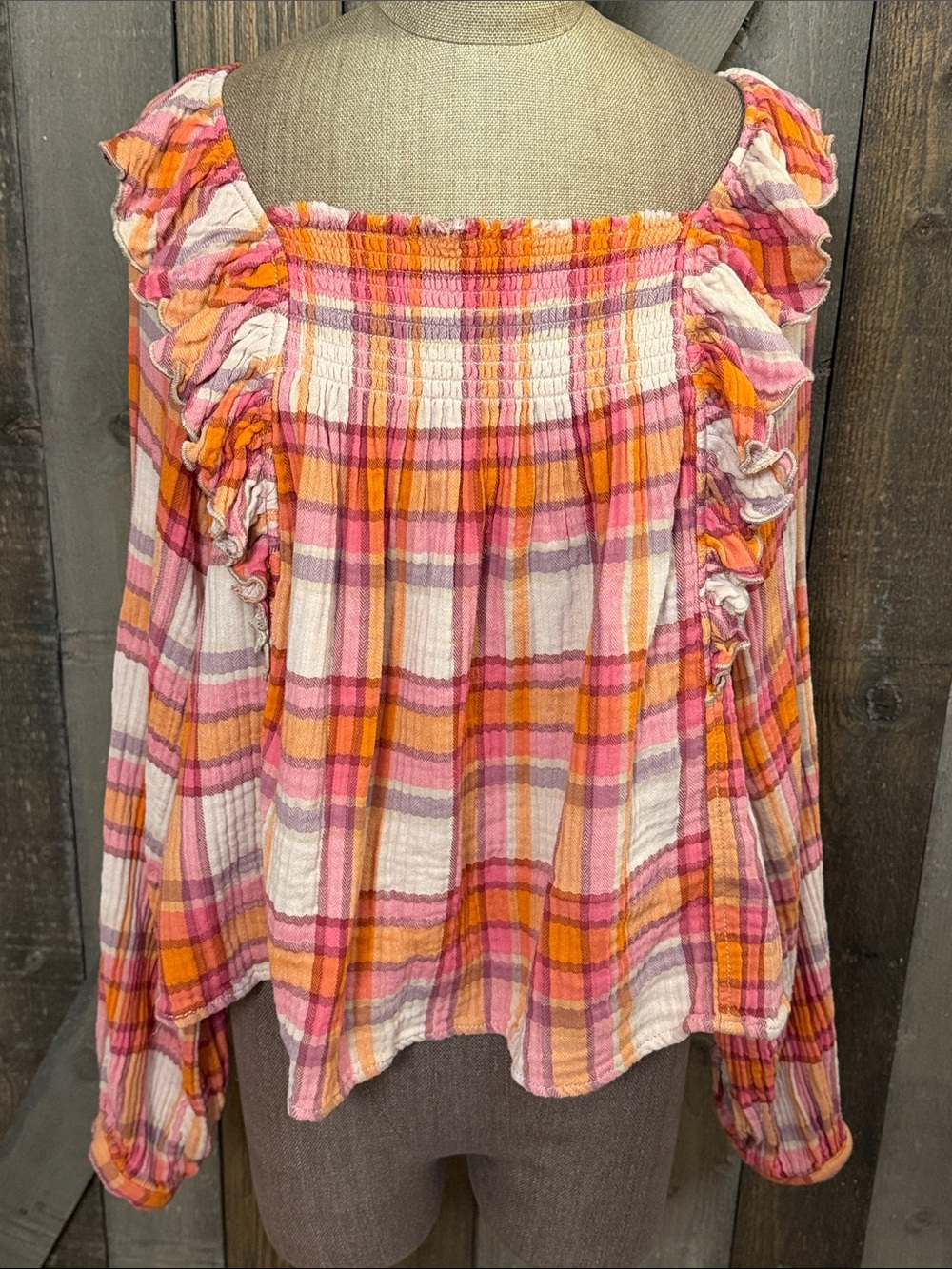 Free People 100% Gauze Cotton Plaid Smocked Tie Back Blouse Cottagecore Medium